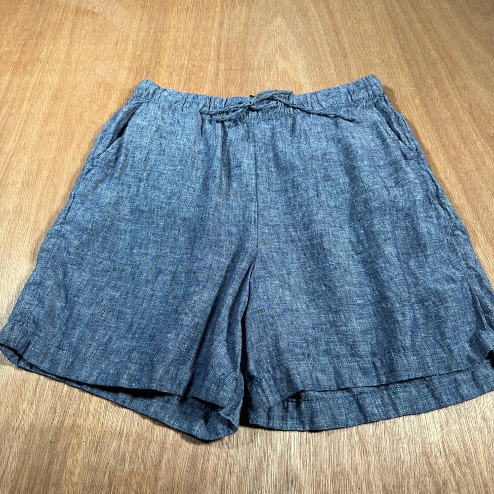 Tahari Shorts Women L Blue Linen Chambray Drawstring Elastic Waist Casual Pocket